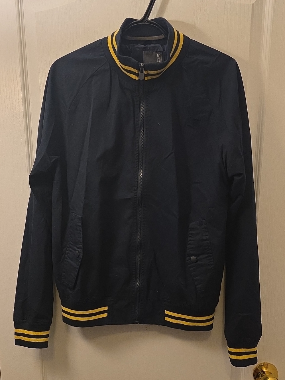 Men's Black Bomber Jacket with Yellow Stripe Trim